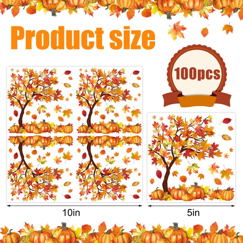 peony man 100 Pcs Fall Cocktail Napkins Fall Tree Paper Napkin 3 Ply Pumpkin Maple Leaves Party Dinner Napkins Disposable Autumn Beverage Napkin for Thanksgiving Autumn Harvest Party Supplies Table Decor - Image 2